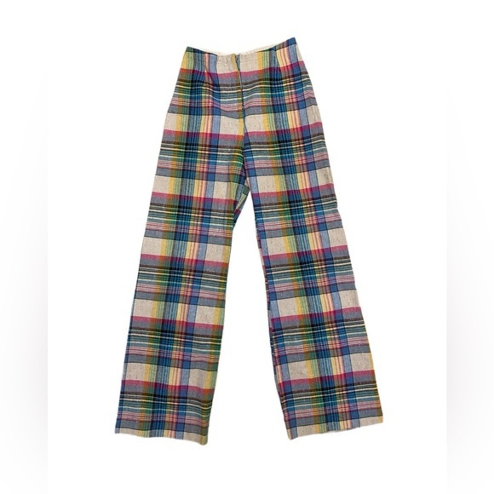 Vintage Handmade Rainbow Plaid Bell Bottom Pants Tweed High Waisted Size 24
